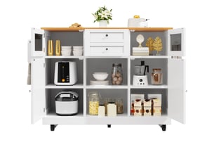 Desserte de cuisine avec 2 portes, 2 tiroirs, plateau rabattable et roulettes freinées en mdf blanc 140×40×93,5 cm
