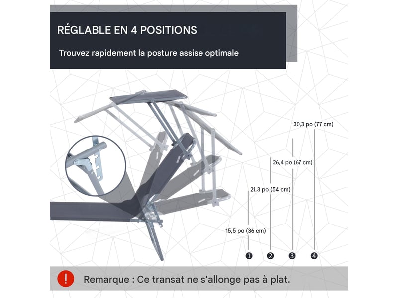  Transat pliable avec pare-soleil dossier réglable 4 positions gris 187x58x36 cm  - Conforama D