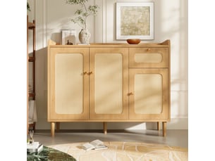 Buffet 120x40x91 cm avec cannage rotin, commode chêne 3 portes et 1 tiroir, vaisselier charnières frein, meuble salon cuisine couloir