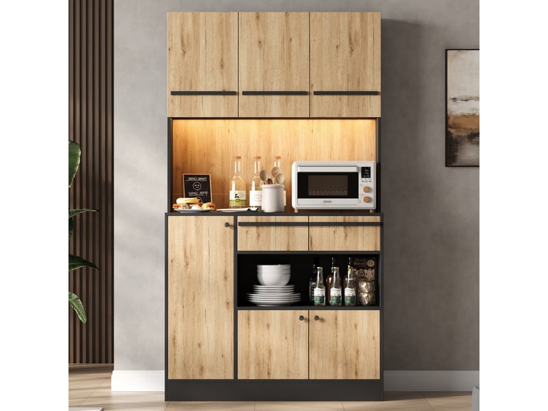  Colonne cuisine 100x40x180cm avec led, armoire haute 2 tiroirs étagères réglables, vitrine salon salle à manger  - Conforama B
