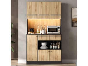 Colonne cuisine 100x40x180cm avec led, armoire haute 2 tiroirs étagères réglables, vitrine salon salle à manger