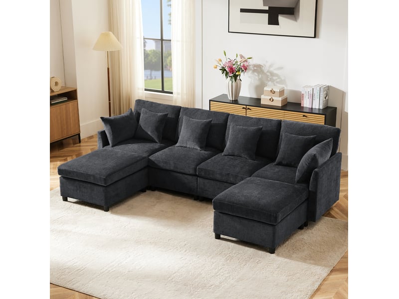  Canapé modulable ulevr 4 à 6 places convertible en u ou l, 278 x 161 cm, 2 poufs, chenille gris  - Conforama B