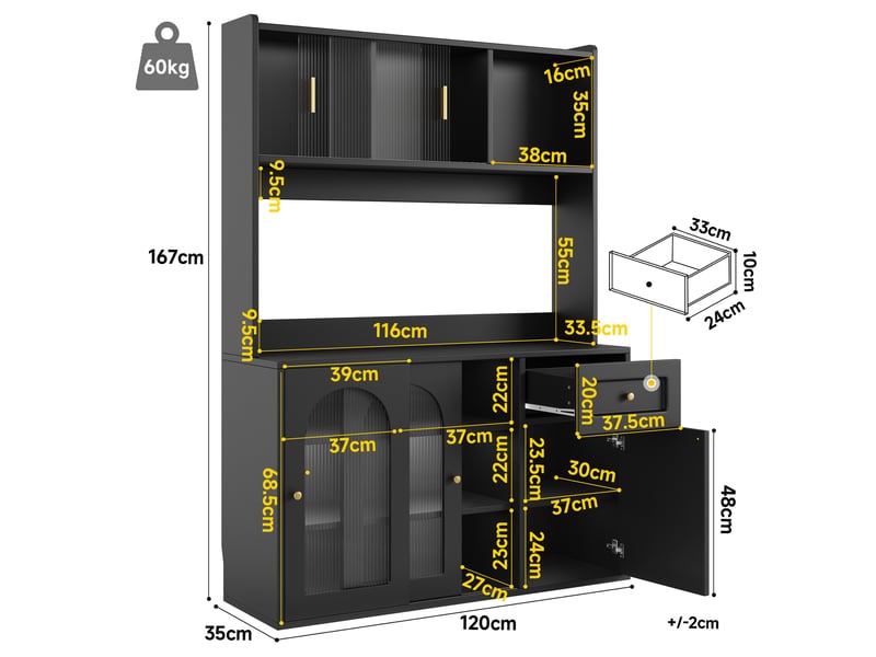  Buffet de cuisine noir avec led, vitrine colonne salle à manger, étagères réglables, meuble de rangement cuisine,120 x 35 x 167 cm  - Conforama C