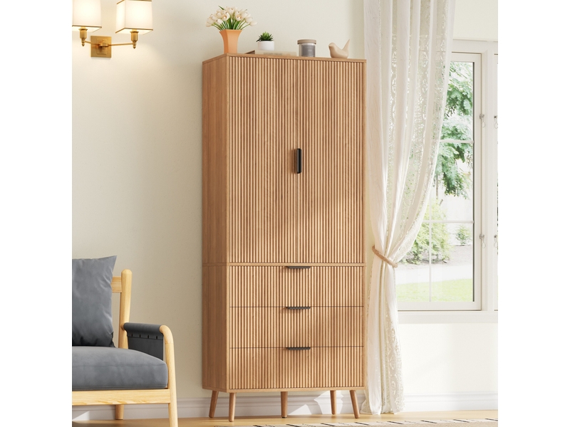  Colonne de cuisine avec 2 portes, 3 tiroirs et étagères réglables en mdf naturel, pour cuisine 75 × 35 × 180 cm  - Conforama D