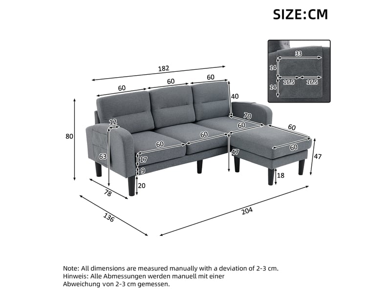 Canapé d’angle 3 places 204x136 cm – gris – méridienne droite, 6 compartiments de rangement - Conforama C