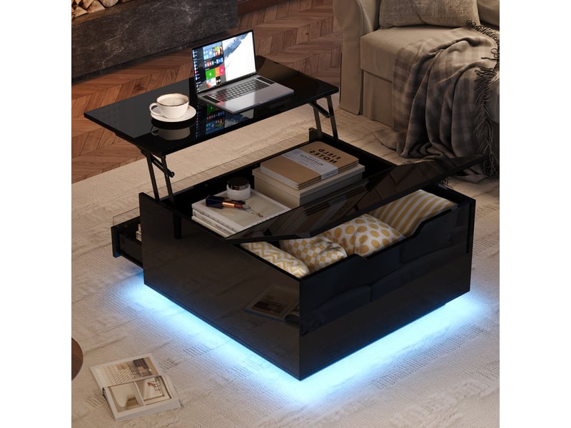  Table basse de salon 70 x 70 x 38 cm, table basse relevable avec bande lumineuse led, table d'appoint avec 1 tiroir, finition brillante, rangement dissimulé et portes rabattables, noire  - Conforama B