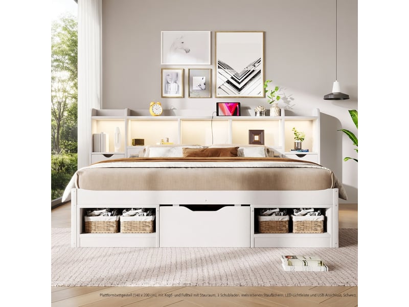  Lit adulte 140 x 200 cm, avec tête de lit dotée d'un espace de rangement, de tiroirs, d'une lampe led et d'un port usb, noir  - Conforama B
