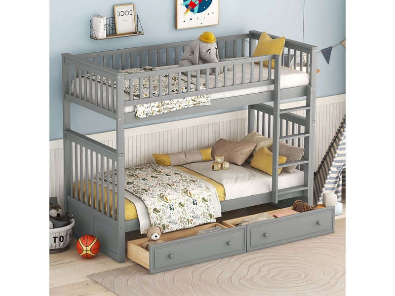 Lit superposé 90x200 en bois massif avec sommiers à lattes, lit enfant gris séparable en deux lits simples pour chambre moderne. - Conforama B