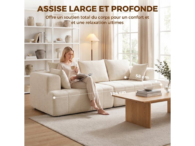  Canapé 3 places en chenille 248 cm, canapé salon moderne, large assise rembourrée, beige, coussins à ressorts  - Conforama R