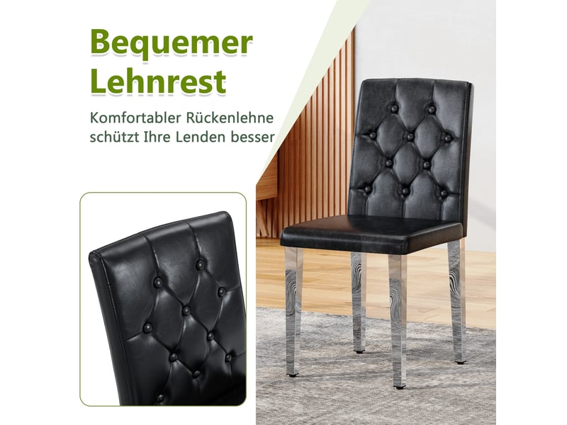  Lot de 4 chaises de salle à manger en simili cuir noir avec pieds en métal argenté brillant, dossier capitonné  - Conforama R