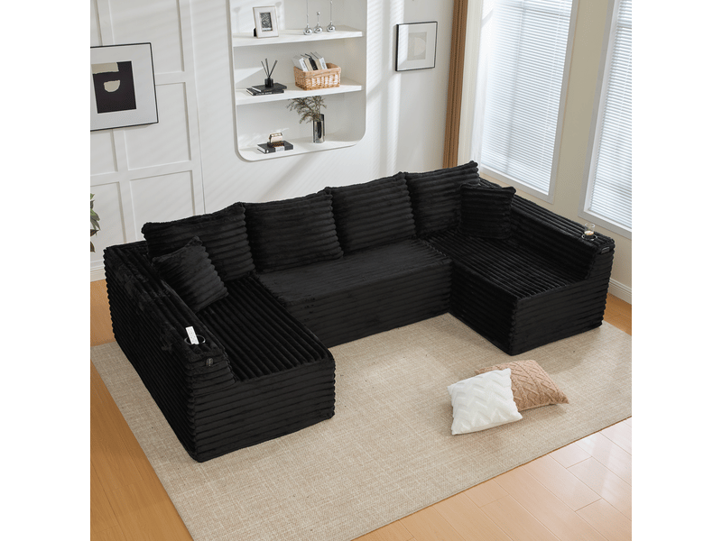  Canapé d'angle panoramique fixe 6 places tissu noir canapé compressible - Conforama E