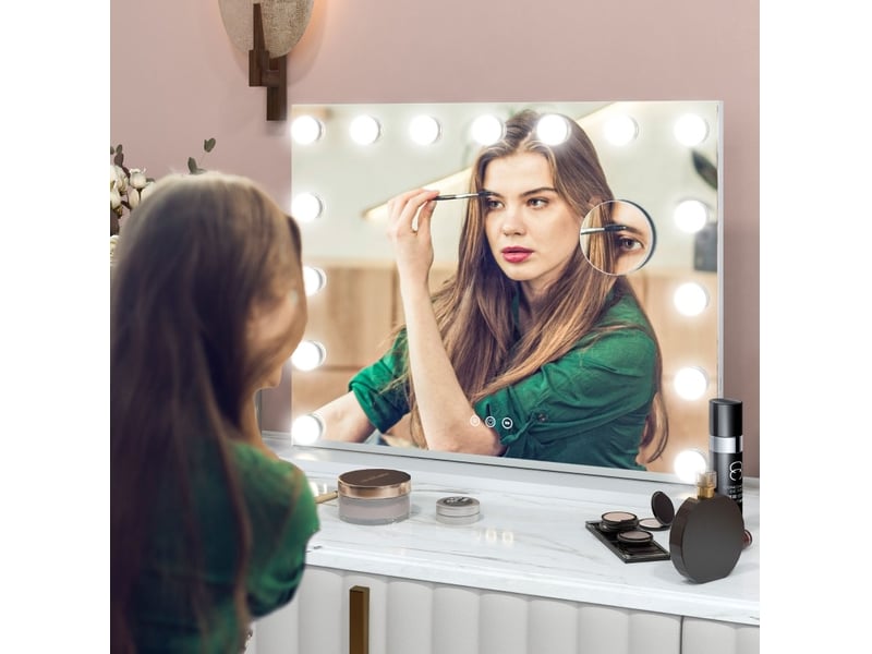 Miroir lumineux de salle de bain à 15 lampes led, 3 modes, variateur tactile, usb, métal blanc 58 × 14 × 48 cm - Conforama C