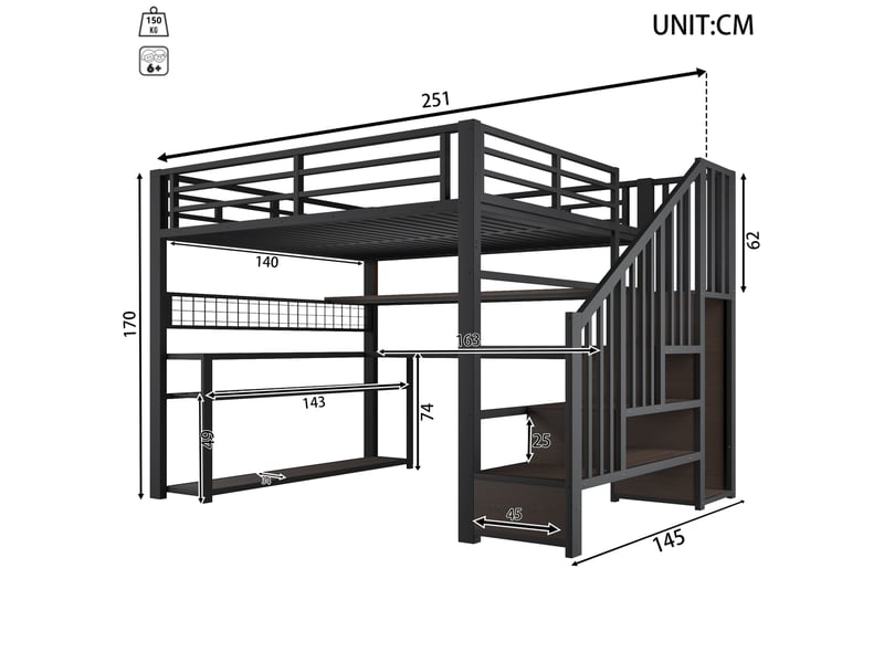  Lit mezzanine en métal 140x200 cm avec bureau, armoire, led rgb et rangements noir  - Conforama C