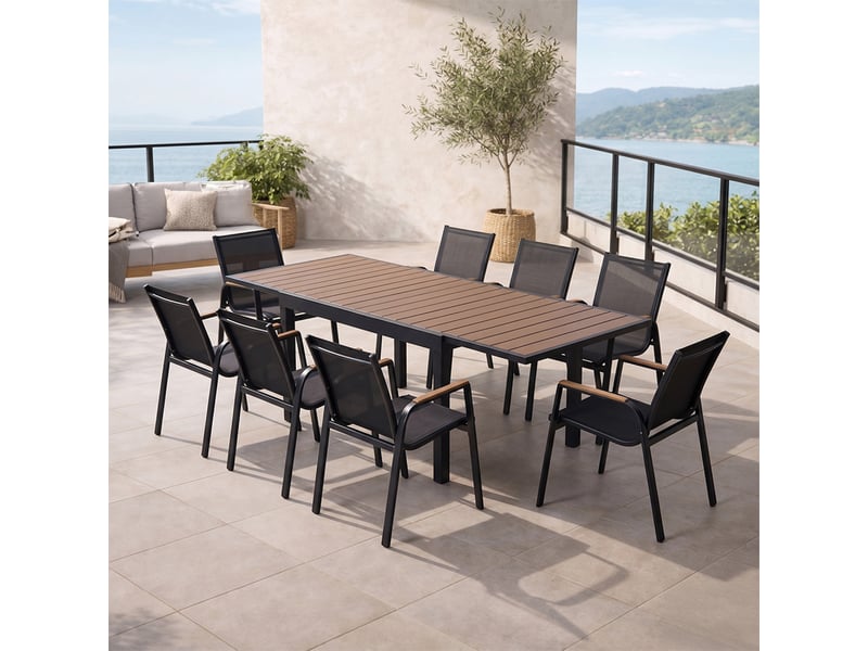  Salon de jardin 8 places avec table extensible 270cm en aluminium et bois loboc  - Conforama B