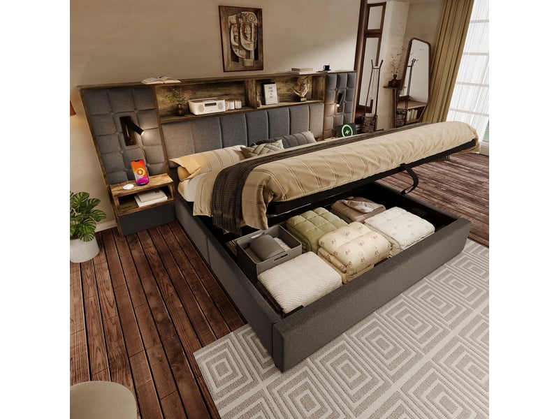 Lit double capitonné rembourré 180x200 cm en lin gris, coffre hydraulique, éclairage led, ports usb et type-c, 2 tables de chevet, lampes de lecture Luxe haut de gamme - Conforama B