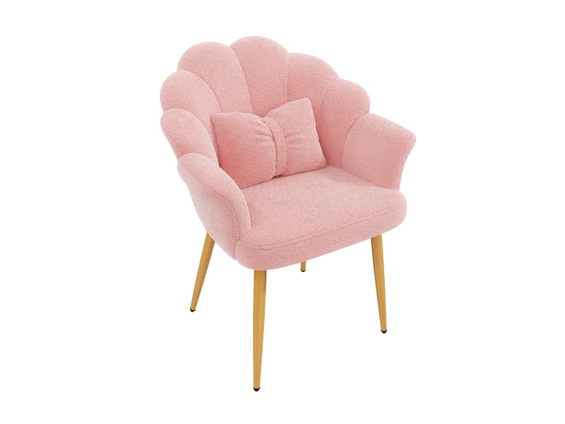  Lot de 6 fauteuils rembourrés à dossier pétale avec accoudoirs, coussins et pieds métalliques, en tissu bouclette rose  - Conforama E