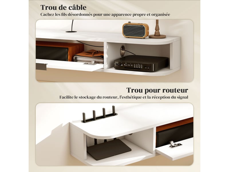  Meuble tv suspendu pour téléviseur jusqu'à 50 pouces tiroir rabattable 2 étagères 120x24x16cm blanc  - Conforama E