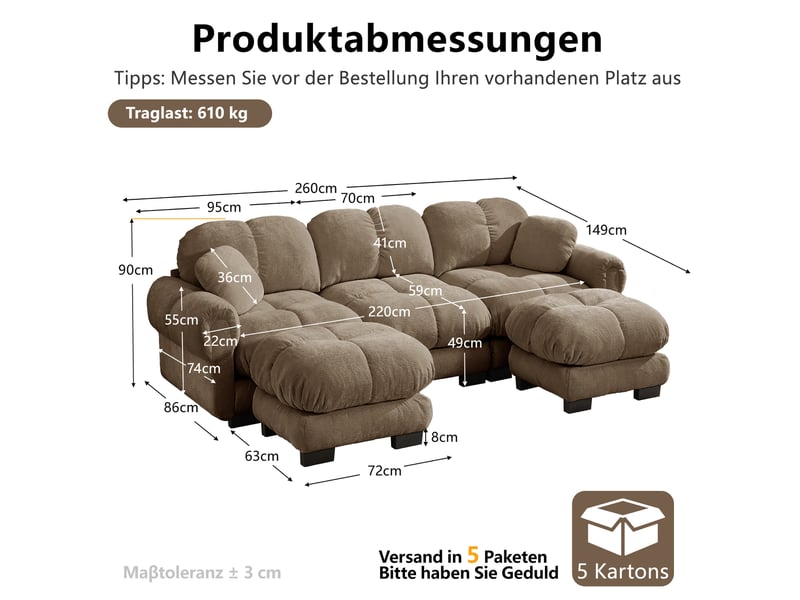 Canapé en u 3 places en tissu marron, avec ottomane mobile et 2 coussins décoratifs, pour le salon - Conforama C