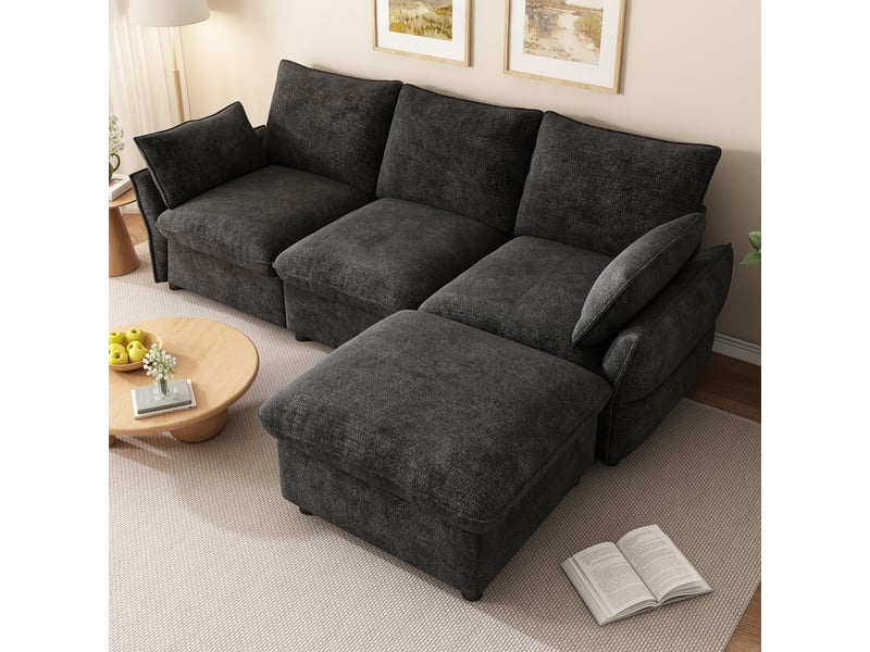 Canapé d’angle 3 places 222,5x154,5x76,5 cm avec ottomane et 1 pouf, pour salon et appartement, chenille, gris foncé Sol Morn - Conforama B
