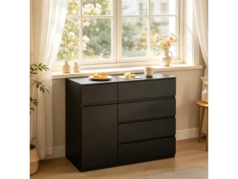  Commode meuble de rangement 5 tiroirs 1 porte en panneau de particules 100x40x80 cm  - Conforama B