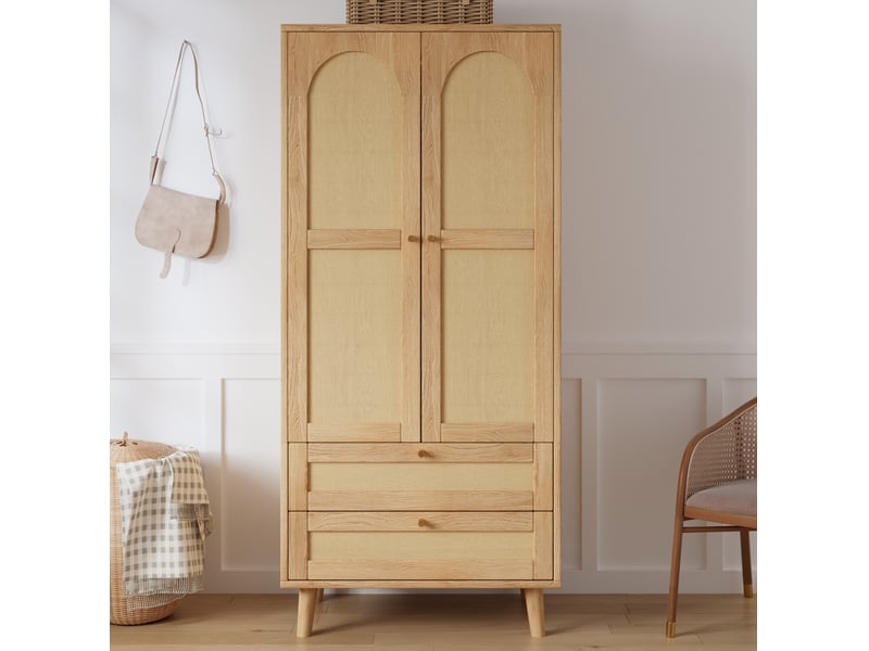  Armoire penderie 80x50x180 cm, 2 portes, 2 tiroirs, tringle, tablette, effet rotin, mdf, naturel  - Conforama B