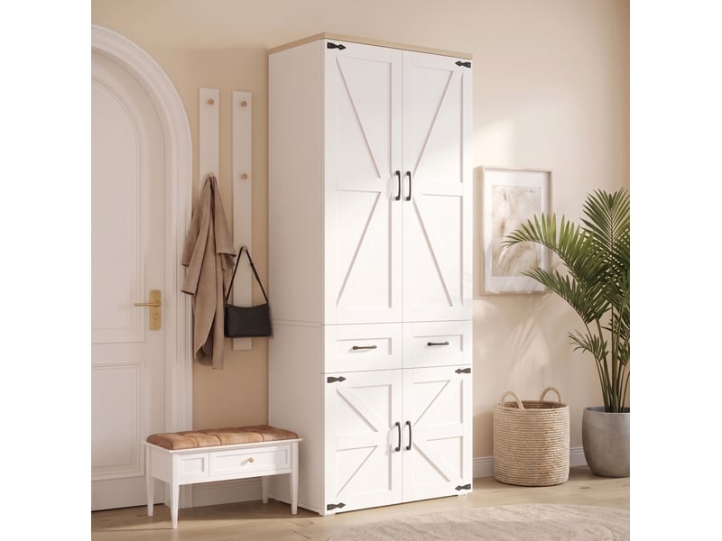  Armoire avec 4 portes, 5 tiroirs et 2 tringles, style campagne pour chambre à coucher, en mdf blanc, 90 × 50 × 200 cm  - Conforama B