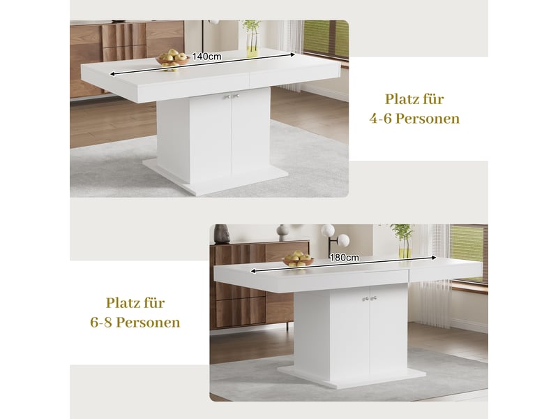 Table à manger extensible avec rangement sous le plateau, de 140 à 180 cm, en panneaux de particules blancs - Conforama E