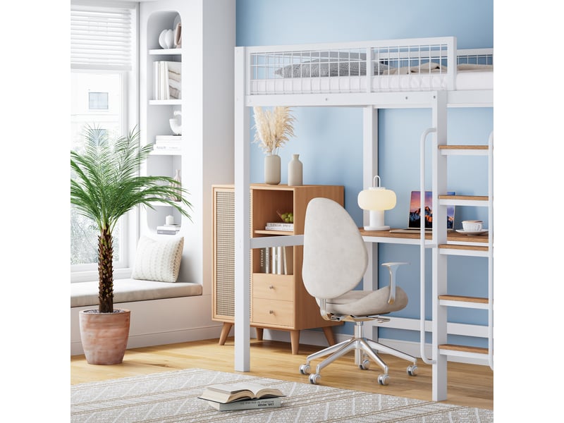  Lit superposé avec bureau et étagères 90x200 cm blanc et bois clair métal et mdf pour enfant et adolescent avec échelle 5 marches et garde-corps de sécurité Sol Morn - Conforama B