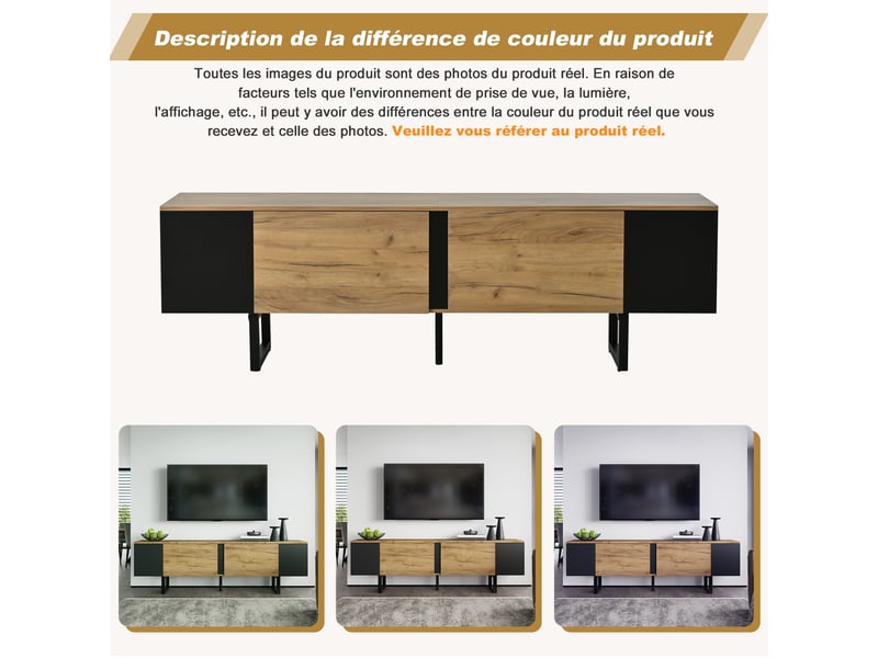  Meuble tv 180 cm pour écran jusqu'à 75 pouces, meuble tv bas pour salon, rangement bois naturel et noir avec 2 placards  - Conforama R