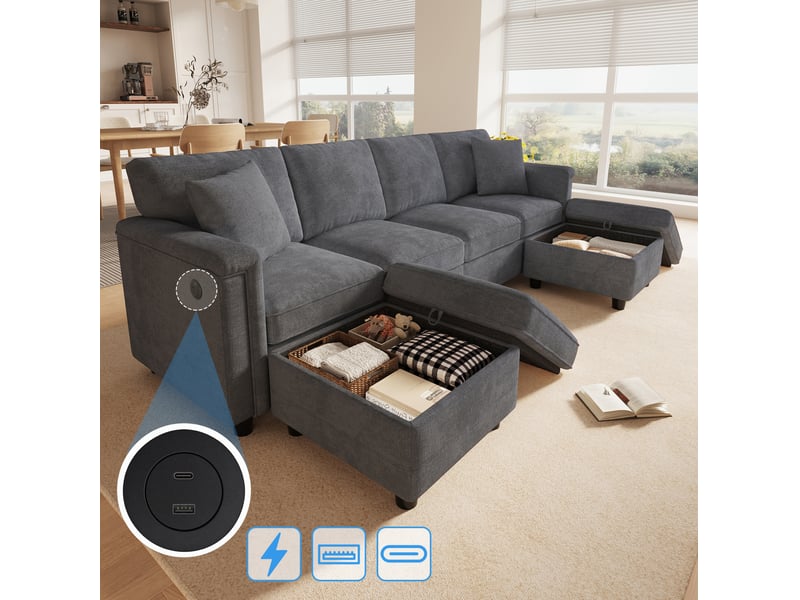  Canapé modulable 261x134x82 cm avec 2 poufs de rangement et 2 coussins décoratifs gris  - Conforama C