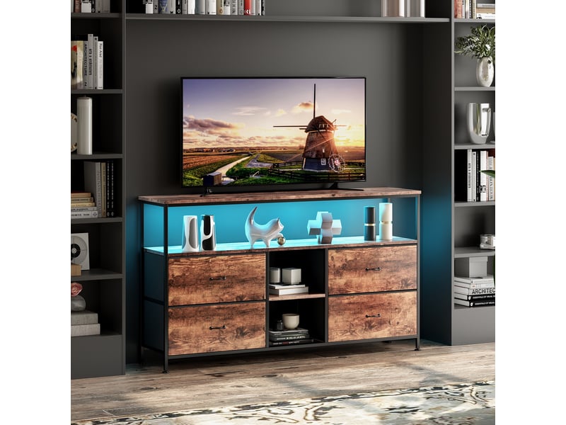  Meuble tv - 108x29,8x76,8cm - avec 4 tiroirs et étagère ouverte, éclairage led - bois rustique  - Conforama C