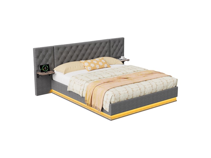  Lit coffre 2 places européen 140x200 cm, lit adulte, rangement, 2 chevets, led, recharge sans fil, port usb, lin gris  - Conforama A