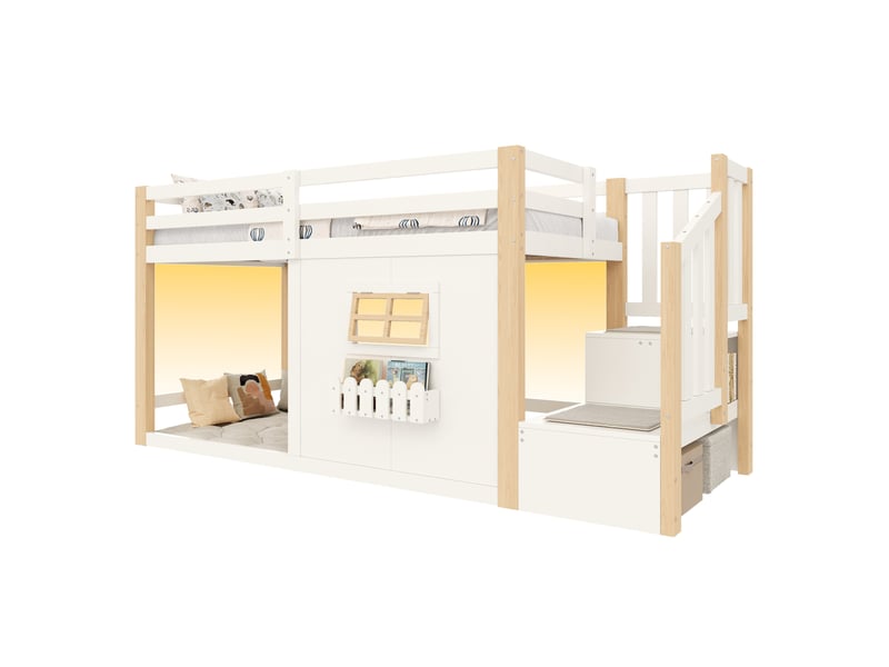  Lit mezzanine 90x200 cm, escalier avec rangements et led, en bois, naturel et blanc, sans matelas  - Conforama A