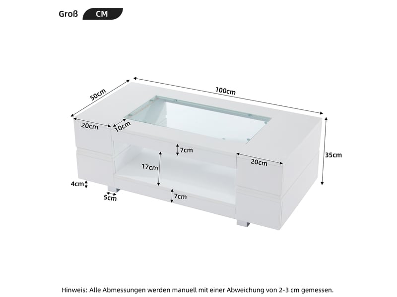  Table basse led avec 2 niveaux de rangement, plateau en verre et surface brillante pour salon, 100 × 50 × 35 cm  - Conforama D