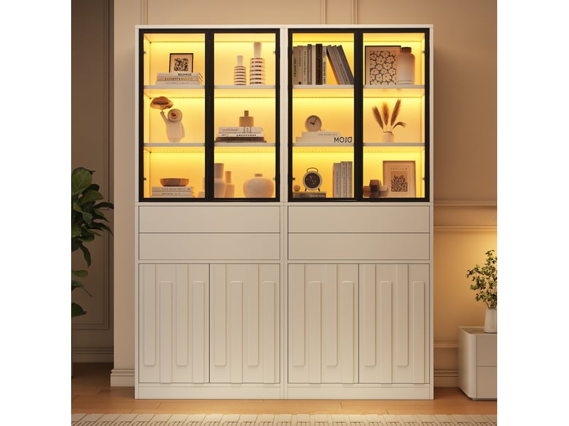  Vitrine 4 portes en verre, 2 tiroirs, éclairage led pour salon, panneau de particules blanc, 140 × 34 × 180 cm  - Conforama B