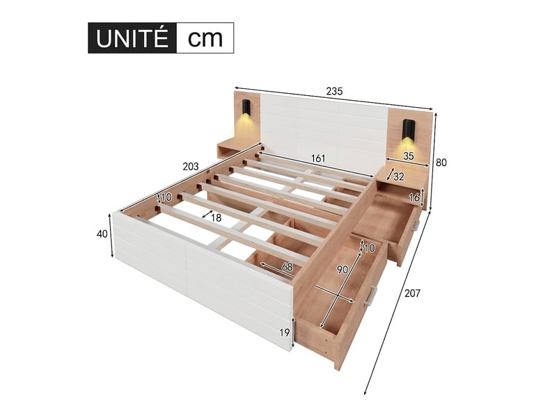 Lit double 160x200 avec 2 tiroirs et tables de chevet, tête de lit avec liseuse et port usb, blanc et chêne - Conforama E