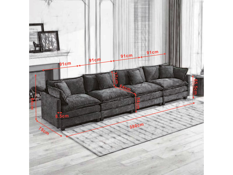  Canapé cloud 4 places moderne en tissu chenille noir double coussin rembourré  - Conforama C