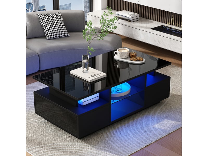  Table basse led 100 x 50 x 36 cm noire brillante – 2 tiroirs, rangements ouverts et style moderne  - Conforama D