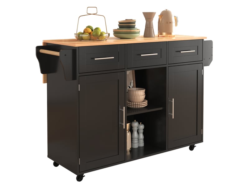  Desserte de cuisine 139 x 46 x 91,5 cm noir et naturel mdf, plateau rabattable et rangements sur roulettes  - Conforama A