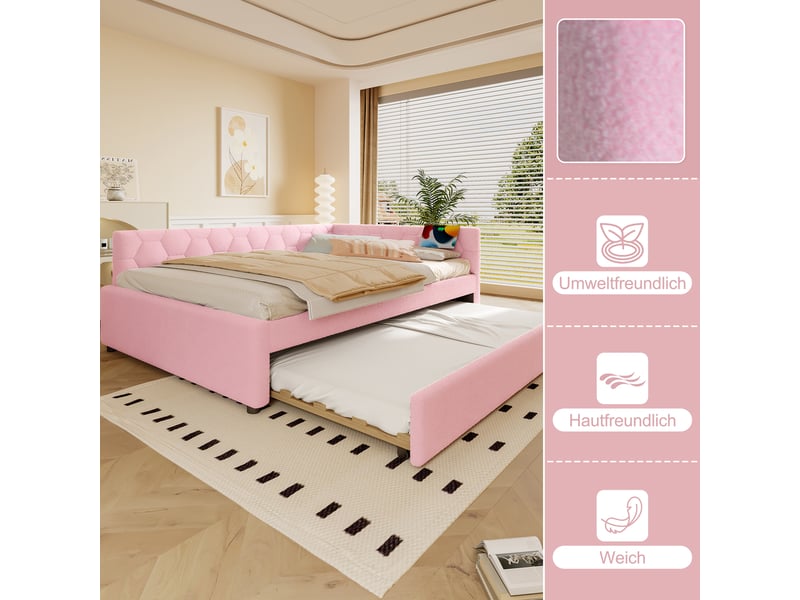  Lit de jour 140x200 canapé-lit rose avec lit gigogne multifonction ports usb type-c et lampe de chevet  - Conforama R