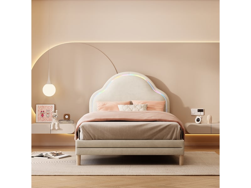  Cadre de lit simple 90x200 cm velours beige tête de lit nuage avec led multicolore et sommier  - Conforama B