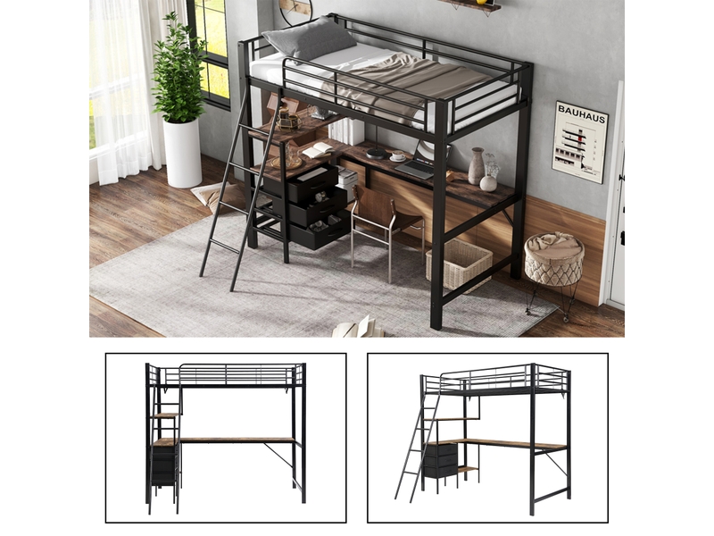 Lit mezzanine enfant 200×90 cm avec bureau de 2 m et 3 tiroirs, sans matelas, en métal et panneaux de particules - Conforama E
