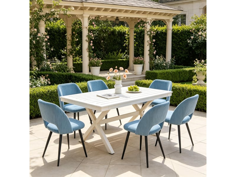 Chaise de salle à manger lot de 6 avec dossier ergonomique et pieds en métal, pour cuisine, tissu côtelé bleu - Conforama E
