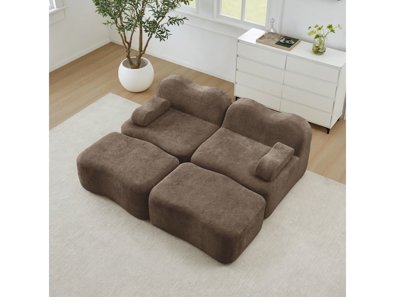  Canapé modulable 2 places 192x167x70 cm, dossier ondulé, mousse 32d, 2 poufs, velours, marron  - Conforama D
