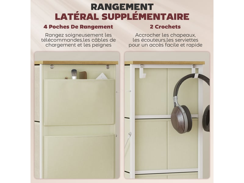  Commode 4 tiroirs en tissu, meuble de rangement avec 4 poches, 2 crochets, structure en acier, 45 x 30 x 94,5 cm, beige  - Conforama E