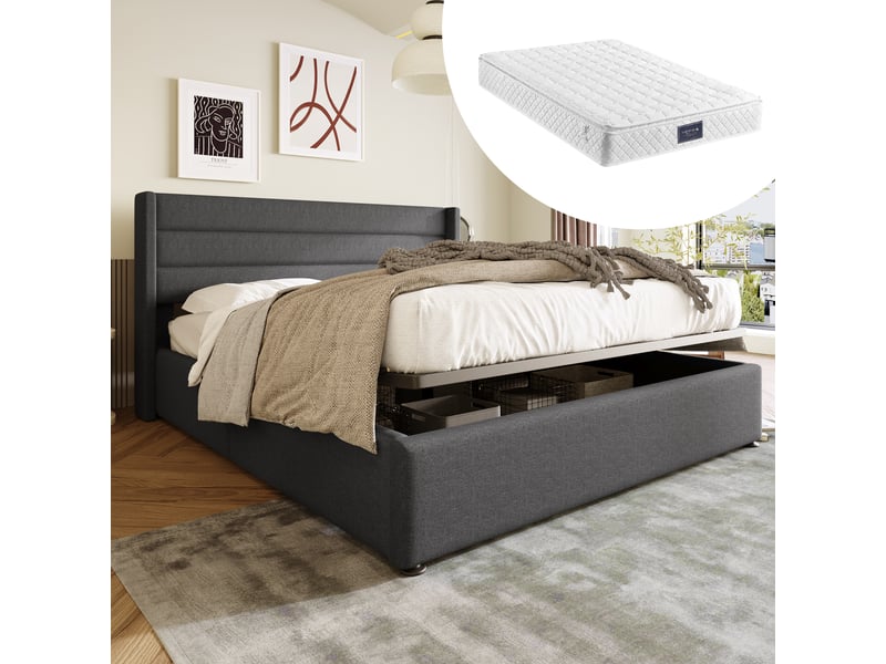  Lit double 160x200 cm avec matelas – structure métallique, sommier à lattes en bois, revêtement en tissu lin gris  - Conforama D