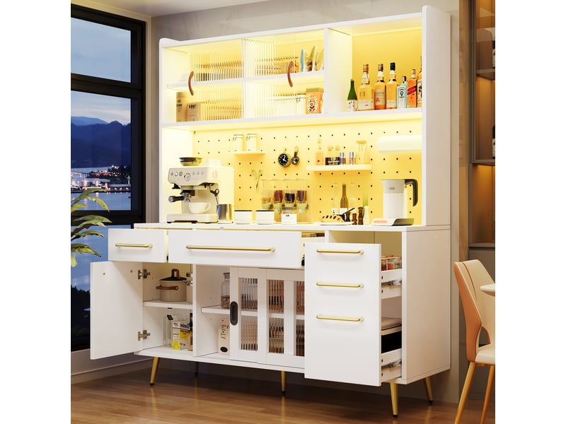 Buffet de cuisine moderne blanc 145cm, vaisselier avec éclairage led intégré, portes en verre et panneau perforé - Conforama B