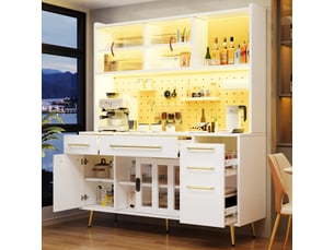 Buffet de cuisine moderne blanc 145cm, vaisselier avec éclairage led intégré, portes en verre et panneau perforé