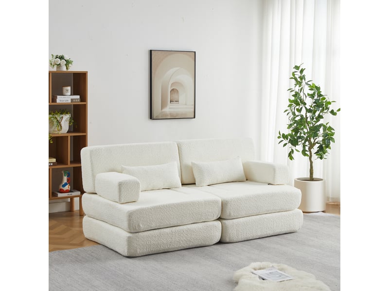  Canapé convertible 2-en-1 2 places 182 x 90 x 80 cm avec couchage pliant, dossier réglable et structure en fer, chenille, beige OMNIGLINT TRADING LTD - Conforama B