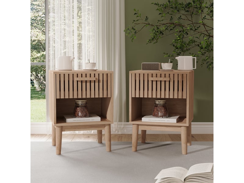  Table de nuit lot de 2, table de chevet bois massif avec tiroirs et compartiments ouverts, table d'appoint pour salon chambre, 40 x 35 x 55 cm  - Conforama B